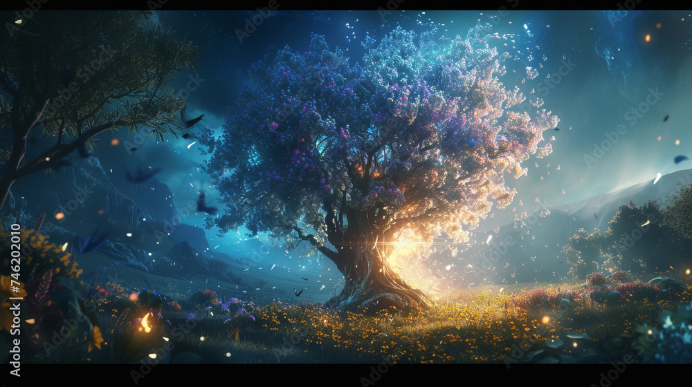Poster an artistic rendering of a tall, glowing tree, evoking the mysterious and fantastical essence of eld