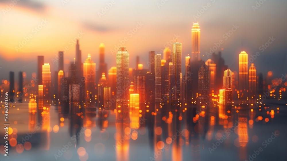 Poster an artistic representation of a smart city, depicted by dots and connecting gradient lines to symbol