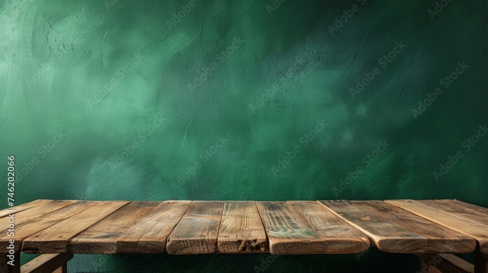 Poster an empty wooden table set against a soothing green background, creating a serene and natural setting