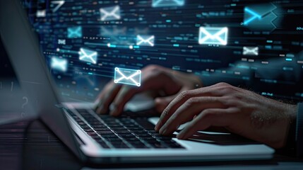 Buisness man working on laptop and sending electronic mail with email icon on virtual screen. Man's hand typing an electronic mail and sending to clients concept.