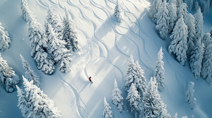 An aerial view of a skier making swift turns down a mountain, leaving a trail in the pristine snow The expansive winter landscape and snow-clad trees provide, AI Generative - obrazy, fototapety, plakaty