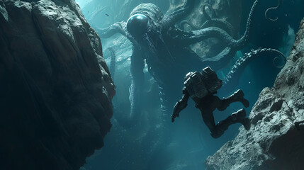 An intense scene where a spaceman is caught in a freefall off a rugged cliff Below, in the shadowy depths, a colossal tentacle monster waits with ominous intent, AI Generative