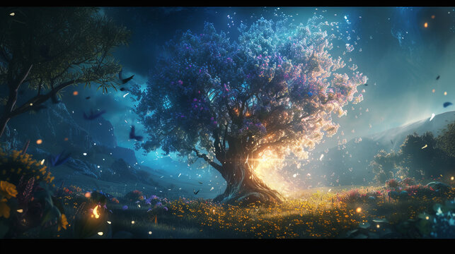 An artistic rendering of a tall, glowing tree, evoking the mysterious and fantastical essence of Elden Ring, surrounded by otherworldly flora Created Using artistic rendering, AI Generative