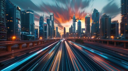 Obraz premium A bustling urban scene with skyscrapers under a sunset sky as light trails from cars create a sense of rapid movement on the roadway