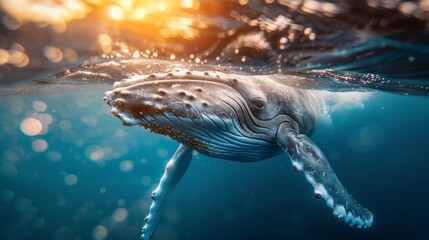 baby humpback whale near surface, tranquil blue ocean, playful moment, luminous water, serene, soft focus, gleaming sunbeams, AI Generative - obrazy, fototapety, plakaty