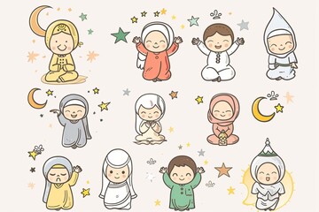 Cartoon cute doodles of characters engaging in acts of self-reflection and spiritual growth during Ramadan, striving to become better individuals, Generative AI