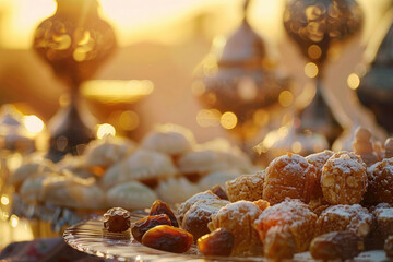 Delicate sweets and dates ready for iftar, bathed in sunset light