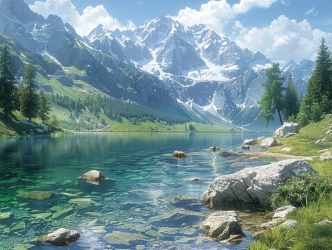 Hyperrealism artwork depicting an alpine lake nestled in the majestic mountains.