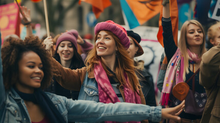 Fototapeta premium Group of happy American women are marching with raising rainbow flags. Background for the women's day presentation.
