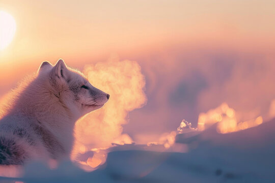 A fox's breath visible in the cold, Arctic dawn light