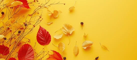 Autumn leaves of different shapes fly against a yellow background, forming a minimal floral frame with a golden twig.
