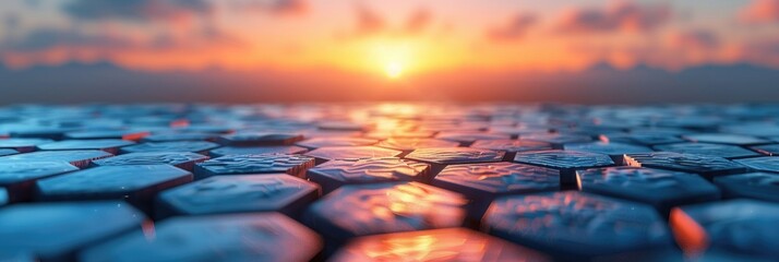 The sun sets over the ocean, casting a golden glow on the waters surface where hexagon tiles reflect the fading light.