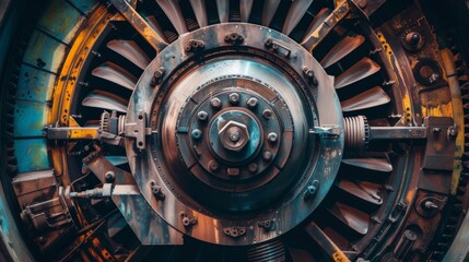 Detailed view of a turbine shop within a power generation facility, featuring the intricate parts of a disassembled turbine awaiting repair and inspection, AI Generative - obrazy, fototapety, plakaty