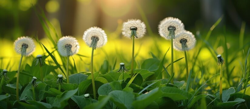 A cluster of taraxacum officinale plants, commonly known as dandelions, scattered across a green grassy landscape.