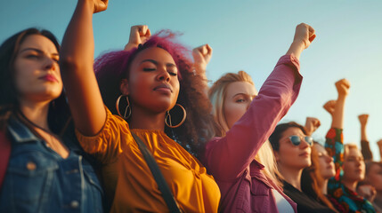 Group of confidence American women are protesting and raising their hands up. Background for the women's day presentation.