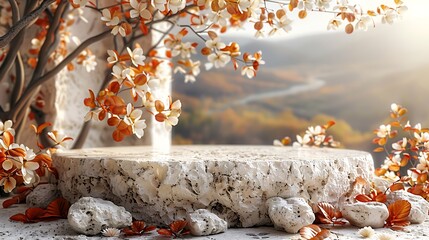 Simple Cream Podium: Natural Stone and Leaf Background