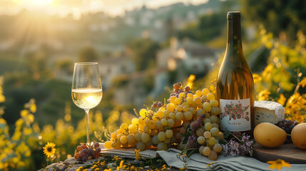 picnic in the vineyards with a bottle of  white wine and cheese and fruits, on a linen tablecloth,...