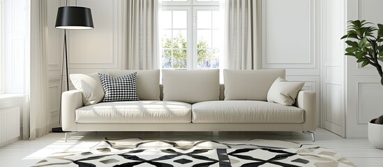 A bright living room with a white couch, black and white rug, geometric carpet, and oversized lamp against a white wall.
