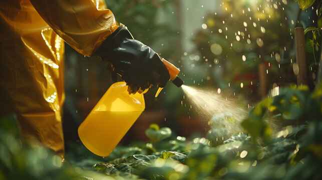 A Farmer spraying vegetable green plants in the garden with herbicides, pesticides, or insecticides,  Farmer with protective clothes and gloves spraying vegetables in the garden with herbicides.