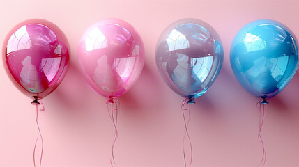 pink party balloons isolated, Pastel balloons on a pink background. Birthday party background, Copy space,. Flat lay style