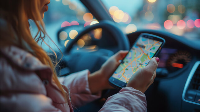 Close up hand woman using navigation on mobile smartphone. Blurred car interior background. Viewing location map in a network via smartphone during road trip