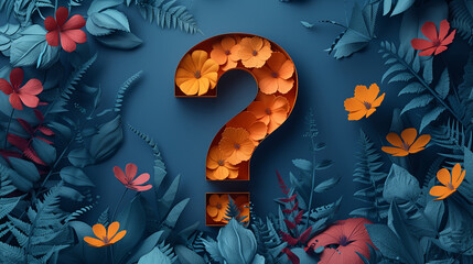 Question mark symbol with flowers and leaves on a blue background - obrazy, fototapety, plakaty