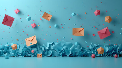 New email notification, spam folder with emails,. Abstract minimalist design with cutout paper and blue background