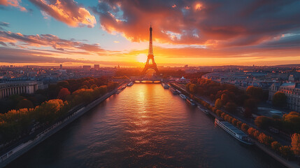 Paris aerial panorama with river Seine and Eiffel Tower, France. Romantic summer holiday vacation destination. Panoramic view above historical Parisian buildings and landmarks with twilight sky - obrazy, fototapety, plakaty
