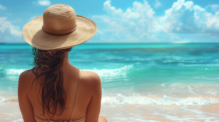  travel woman sunbathing relaxing, holiday banner panoramic with copy space, female relaxing on a tropical beach