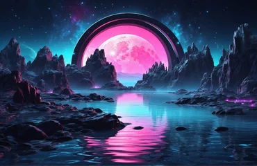 Zelfklevend Fotobehang Futuristic fantasy night landscape with abstract landscape and island, moonlight, radiance, moon, neon. Dark natural scene with light reflection in water. Neon space galaxy portal. 3D illustration. © Rafli