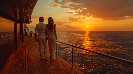 Fototapeta premium couple on a wooden deck at sunset of a cruise ship, a Luxury cruise vacation, travel elegant tourist man and woman on the balcony deck of a luxury yacht, Summer vacation cruise ship, copy space