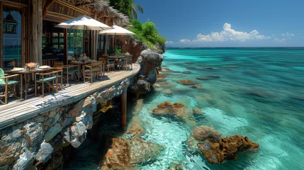 Cercles muraux Bora Bora, Polynésie française  restaurant by the ocean of a tropical Island, a tropical cafe with an ocean view, a Restaurant over the sea, overwater dinner tables on a wooden deck with azure ocean