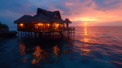 Cercles muraux Bora Bora, Polynésie française  restaurant by the ocean of a tropical Island, a tropical cafe with an ocean view, a Restaurant over the sea, overwater dinner tables on a wooden deck at sunset