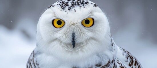 The photo showcases a captivating Snowy Owl with stunning yellow eyes and pristine white feathers up close.