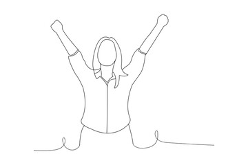 Women cheering for her success in continuous line drawing. Cheering young girl outline. Freedom and happiness concept outline vector.
