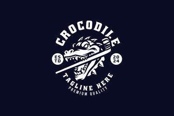 mugger crocodile with hockey stick badge logo design for hockey sport and gaming - obrazy, fototapety, plakaty