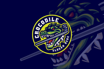 mugger crocodile with hockey stick mascot logo design for hockey sport and gaming