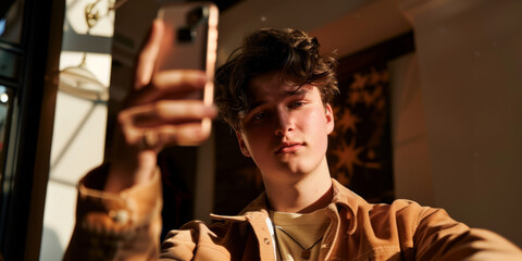 Fototapeta na wymiar young man who is taking a selfie, generative AI