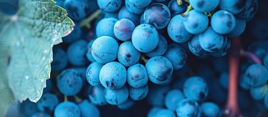 A cluster of unwashed blue grapes, harvested in dusty conditions, hanging from a tree.