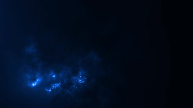4k thunderstorm, dark cloud clumps in the sky with lightning. Dark foggy background with blue light from its angle