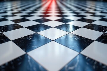A black and white checkered floor illuminated by a bright red light. - obrazy, fototapety, plakaty