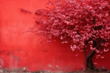 Foto auf Glas Vibrant Sakura red wall without door. Street exterior. Generate Ai © juliars