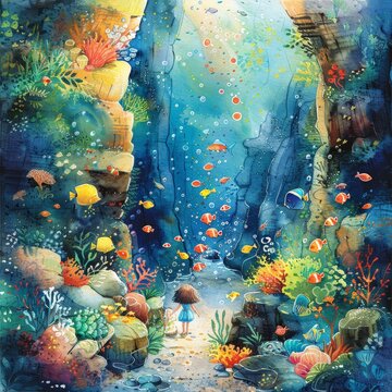 Enchanting Underwater Watercolor Painting with Playful Fish and Curious Children Exploring Coral Reefs