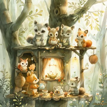 Cozy Watercolor Illustration of Various Animals Gathered for a Tea Party in a Sunlit Treehouse Amidst the Forest Leaves