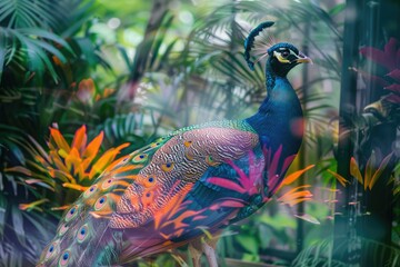 Fototapeta premium A proud peacock blended with the vibrant hues of a tropical garden in a double exposure