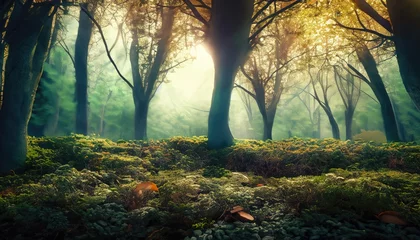 Zelfklevend Fotobehang A surreal, dreamlike scene of a leafy forest, with a soft, ethereal glow © ROKA Creative