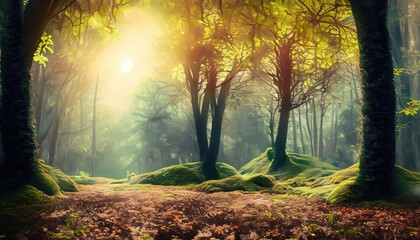 A surreal, dreamlike scene of a leafy forest, with a soft, ethereal glow