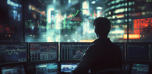 Financial Analyst Monitoring Live Market Data in Futuristic Trading Room - obrazy, fototapety, plakaty