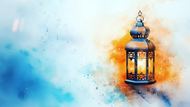 islamic arabic lantern watercolor oil painting loop animation illustration for ramadan kareem or eid mubarak. al fitr adha event ceremony greeting banner background