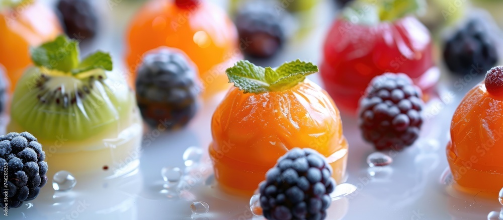 Poster a close-up view of a variety of colorful and fresh fruit neatly arranged on a table. the fruits appe